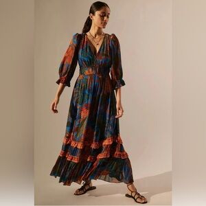 Anthropologie x Farm Rio Puff Sleeve Boho Floral Maxi Dress - Size:M